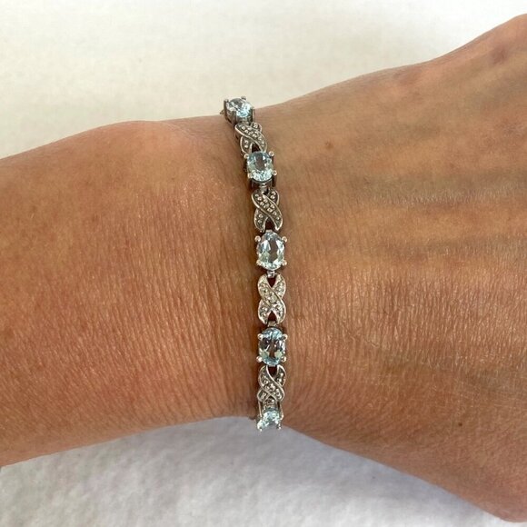 Sterling Silver 925 FAS Oval Blue Topaz XO Bolo Style Box Chain Tennis Bracelet - Picture 1 of 16